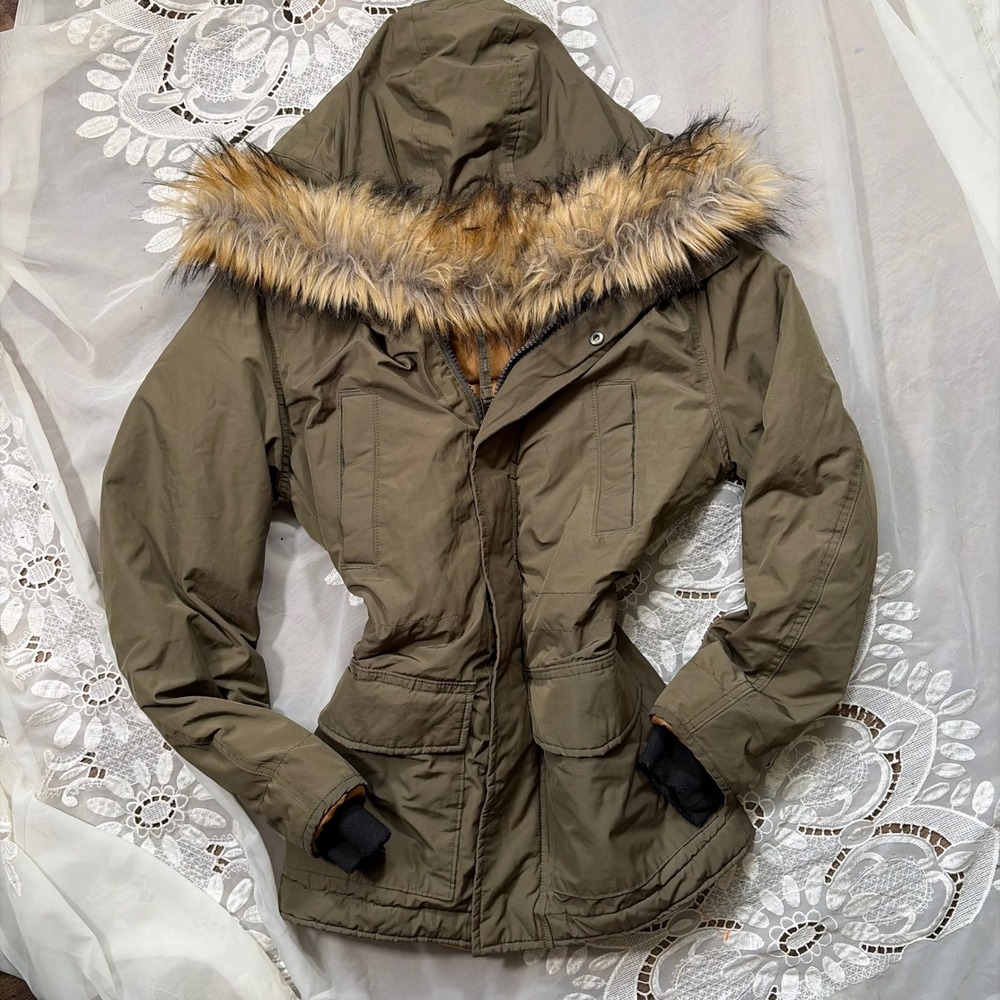 Y2K Aeropostale Olive Green Faux Fur Trim Hooded Parka Jacket XS